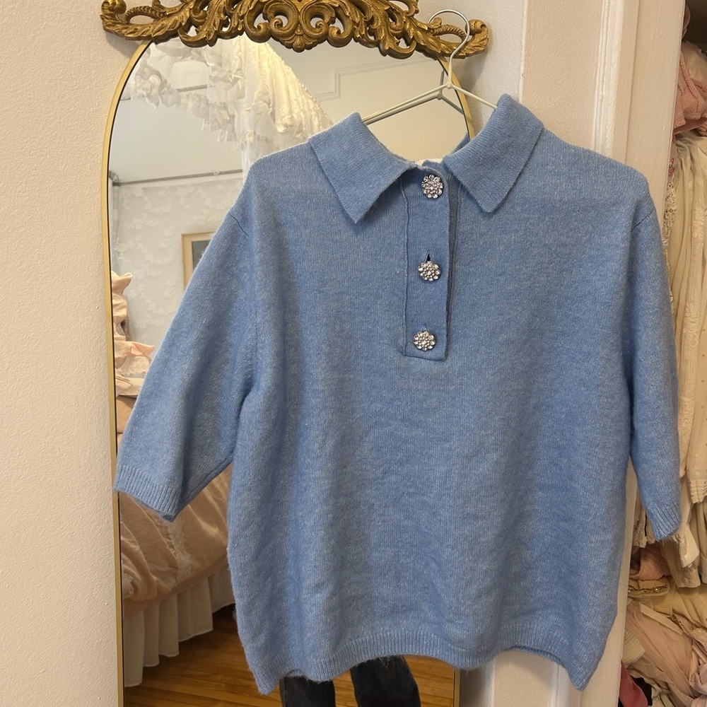 Womans' Blue Knit Polo Sweater with Decorative Buttons
